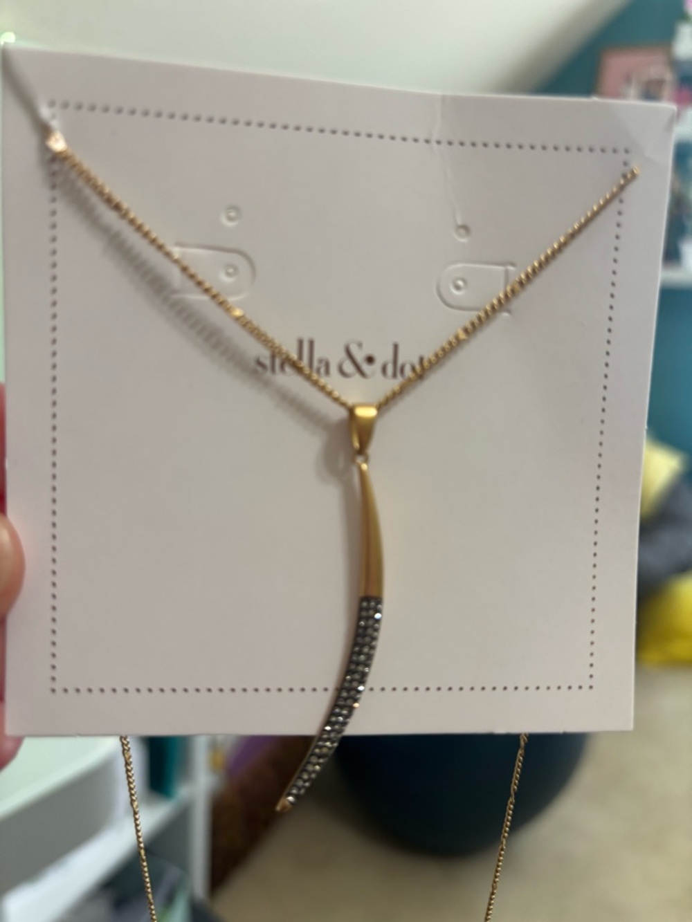 Stella & Dot Gold Tone Pave Curved Pendant Necklace